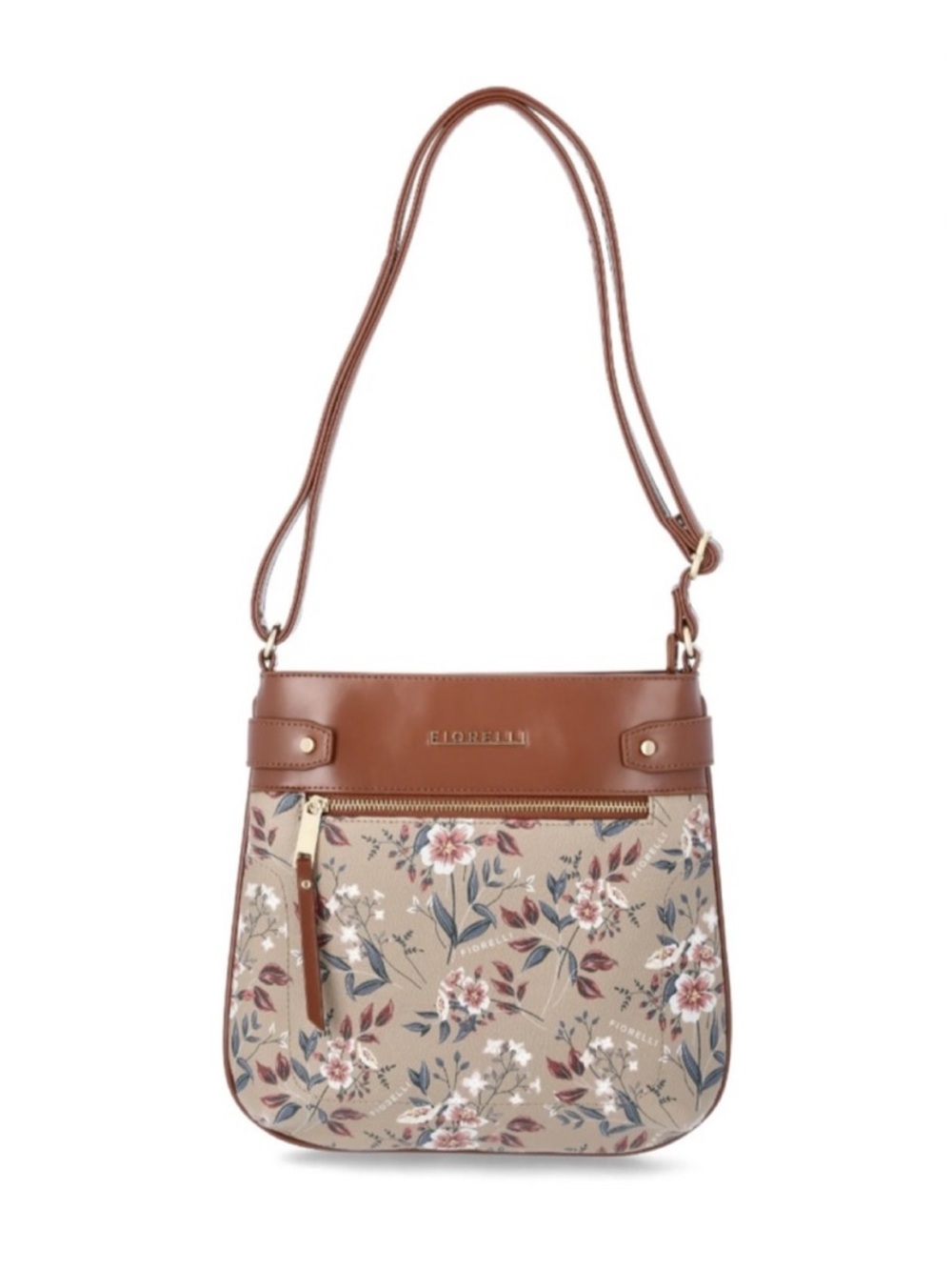 Fiorelli Lila Floral Canvas Crossbody with Brown Trim and Adjustable Strap
